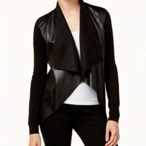 Michael Kors Petite Faux Leather Mixed Media Draped Cardigan